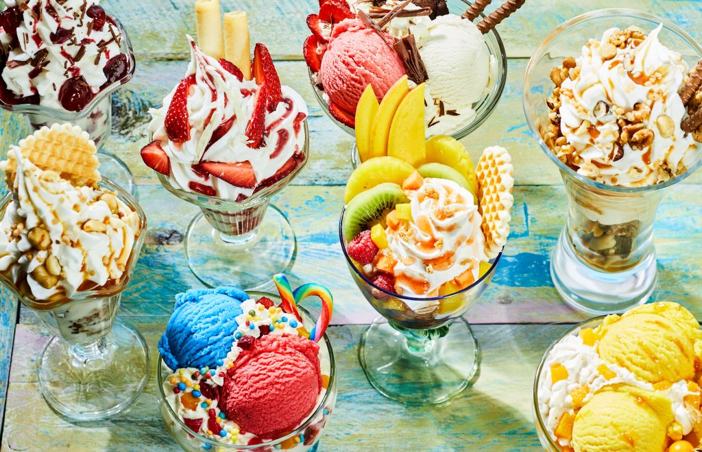 Assortment of Italian ice cream sundaes