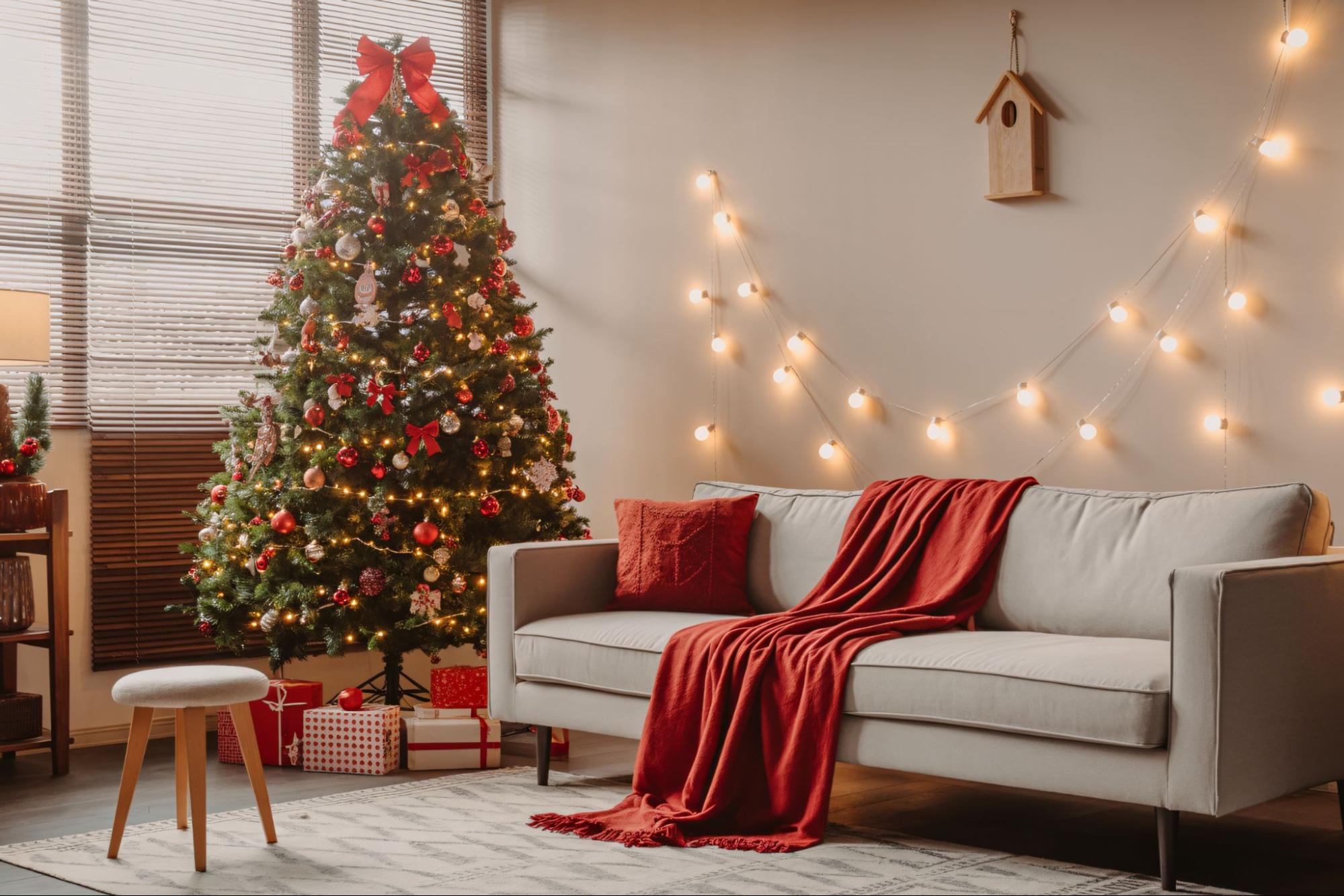 Cozy living room decorated for Christmas with tree, gray couch, and string lights
©desing hub 57