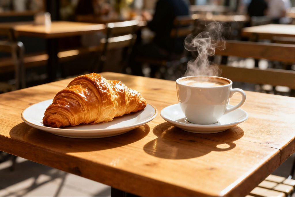 Coffee and croissant on a cafe table in winter sunlight ©ceeceelee